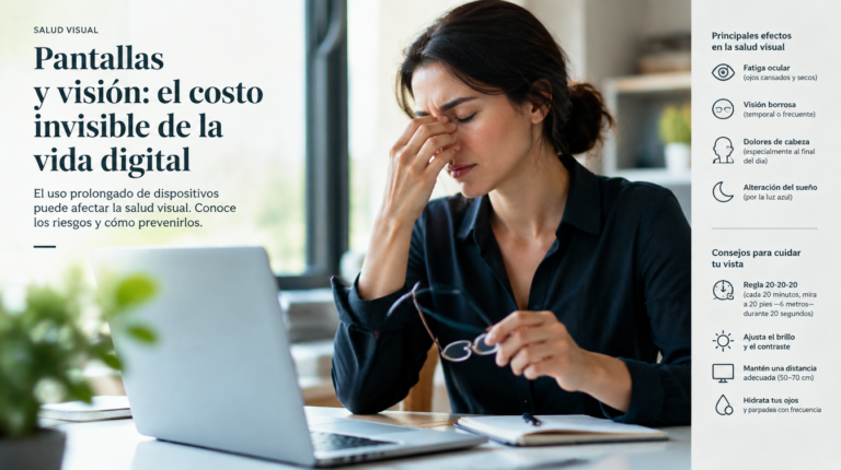 Persona frente a una computadora frotándose los ojos cansados, ilustrando la relación entre pantallas y salud visual